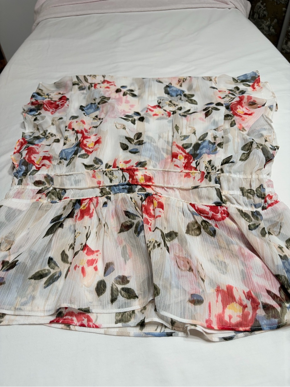 White House Black Market Floral V-Neck Peplum Blouse - White/Pink/Blue - Picture 11 of 16